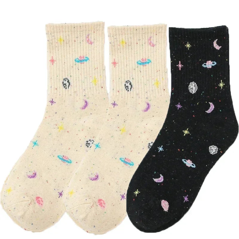 Lbsfy Funny Moon Stars Pattern Socks Women Harajuku Planet Space Tube Sock Female Colorful Sweet Warm Cute Casual Streetwear Meias