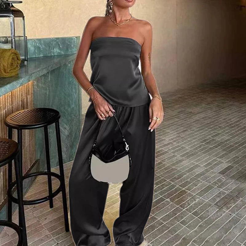 LBSFY  -  Sexy Off Shoulder Sleeveless Tops & Long Pant Set Women Elegant Strapless Loose Outfits Fashion Hight Waist Solid Satin 2Pc Suit