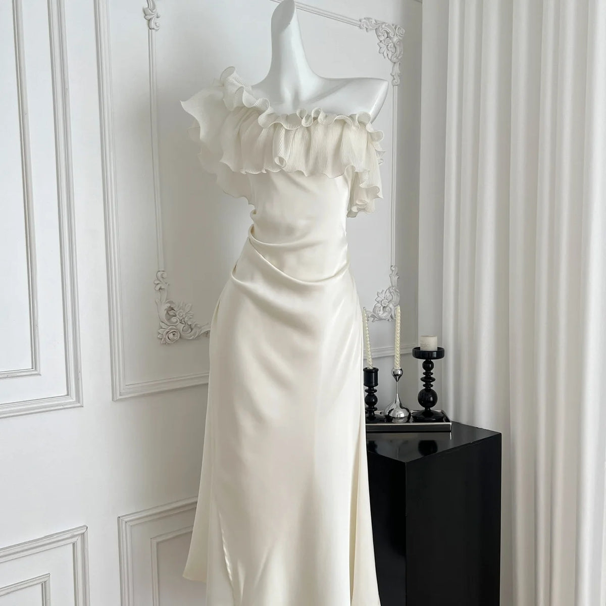 LBSFY -Elegant Party Chic Satin Mermaid Dress For Woman Ruffles Slash-Neck Slim Fit Patchwork Solid Dresses Evening Prom Female Clothes