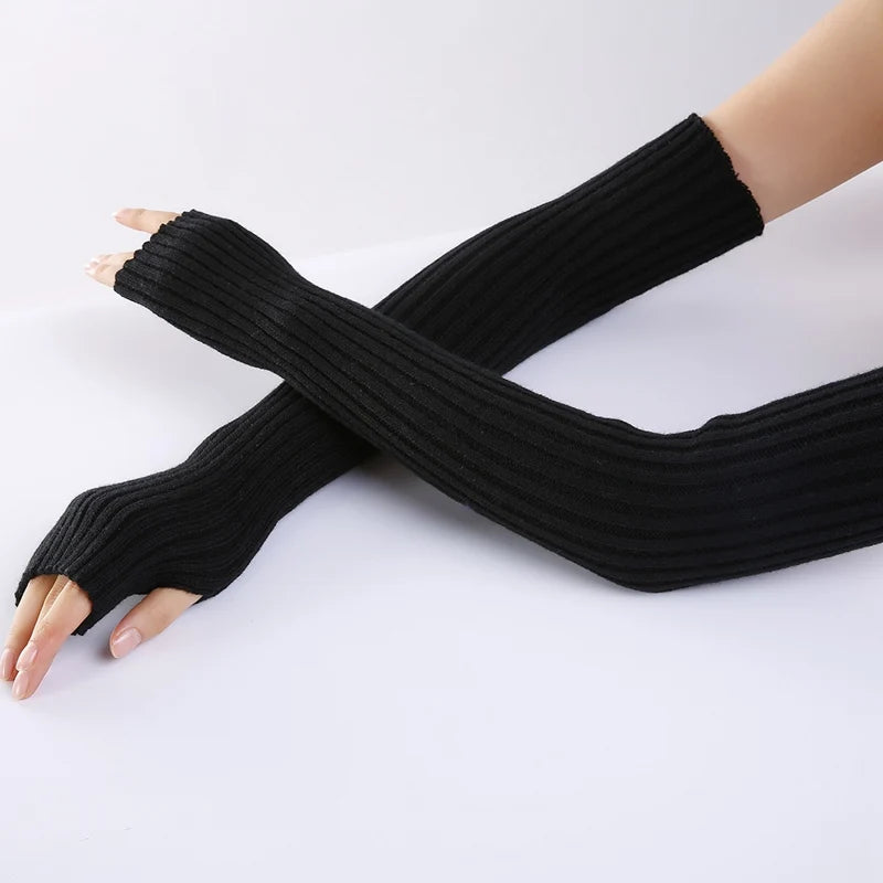 Lbsfy New Long Fingerless Gloves Womens Winter Warmer Knitted Arm Sleeve Fine Casual Soft Girl Goth Clothes Women Punk Gothic Gloves