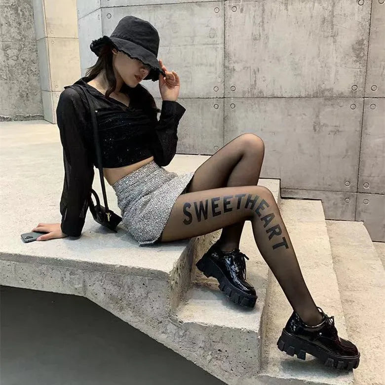 Lbsfy Women Japanese Letter Stockings Nightclub Party Accessories JK Sexy Diamonds Fishnet Underwear Pantyhose Printed Designer Tights