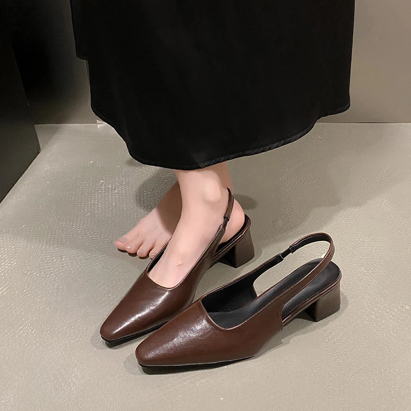 LBSFY -Summer New Women Sandal Fashion Pointed Toe Shallow Slip on Ladies Elegant Slingback Shoes Thin Med Heel Dress Mules