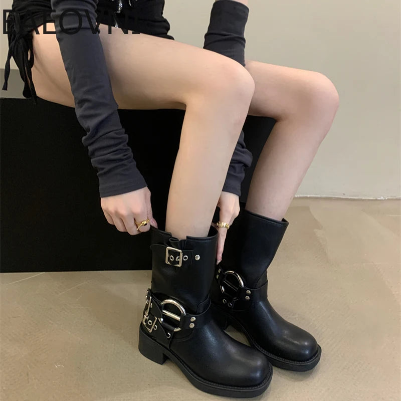 LBSFY  -  2024 Winter Short Boots For Women Fashion Belt Buckle Biker Boots Female Elegant Square Heel Women's Knight Bootties