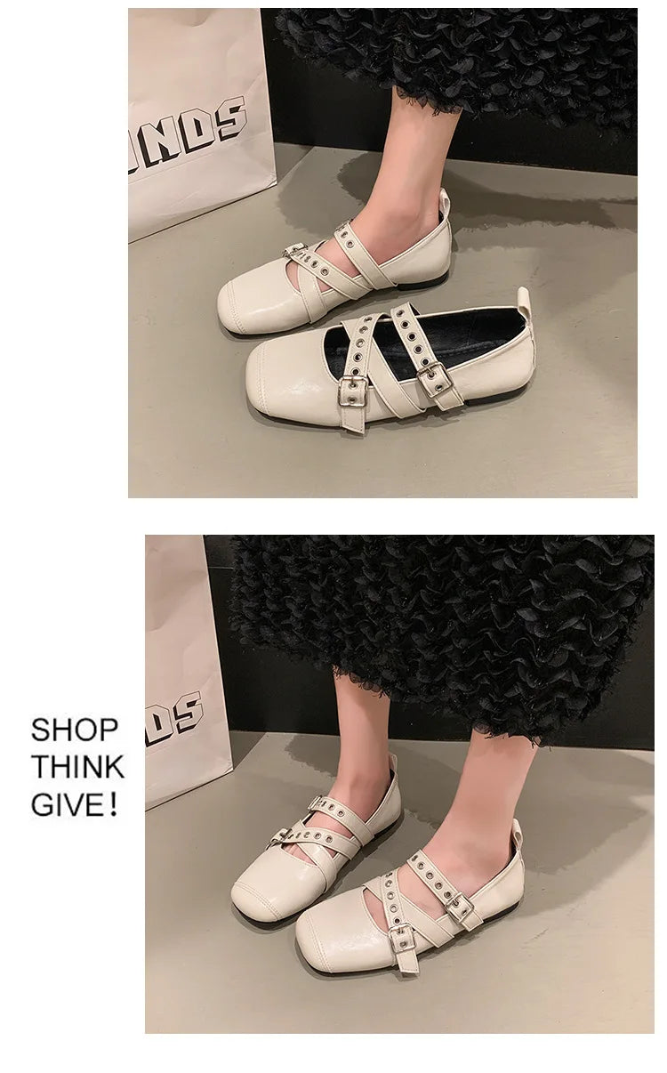 LBSFY -Designer Spring Women Mary Jane Shoes Fashion Square Toe Ladies Comfort Soft Sole Flats Women's Belt buckle Ballerinas Shoes