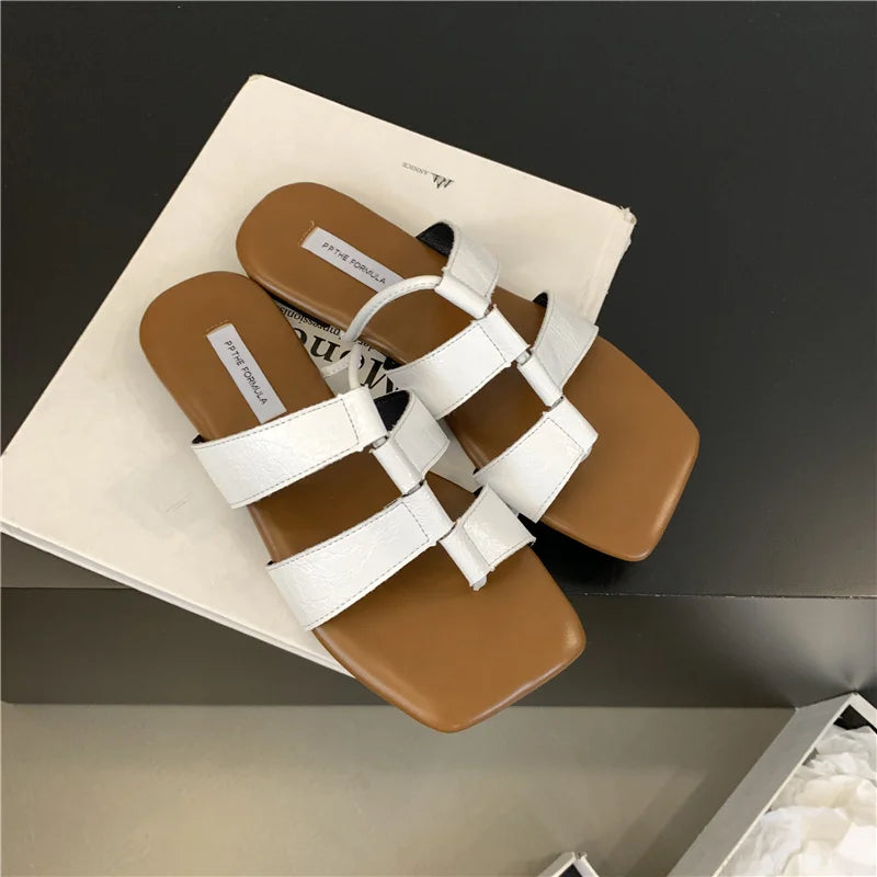 LBSFY  -Summer Casual Flat Sliper Square Toe Shoes Women Slip-On Beach Slides Soft Outdoor Sandals Mujer