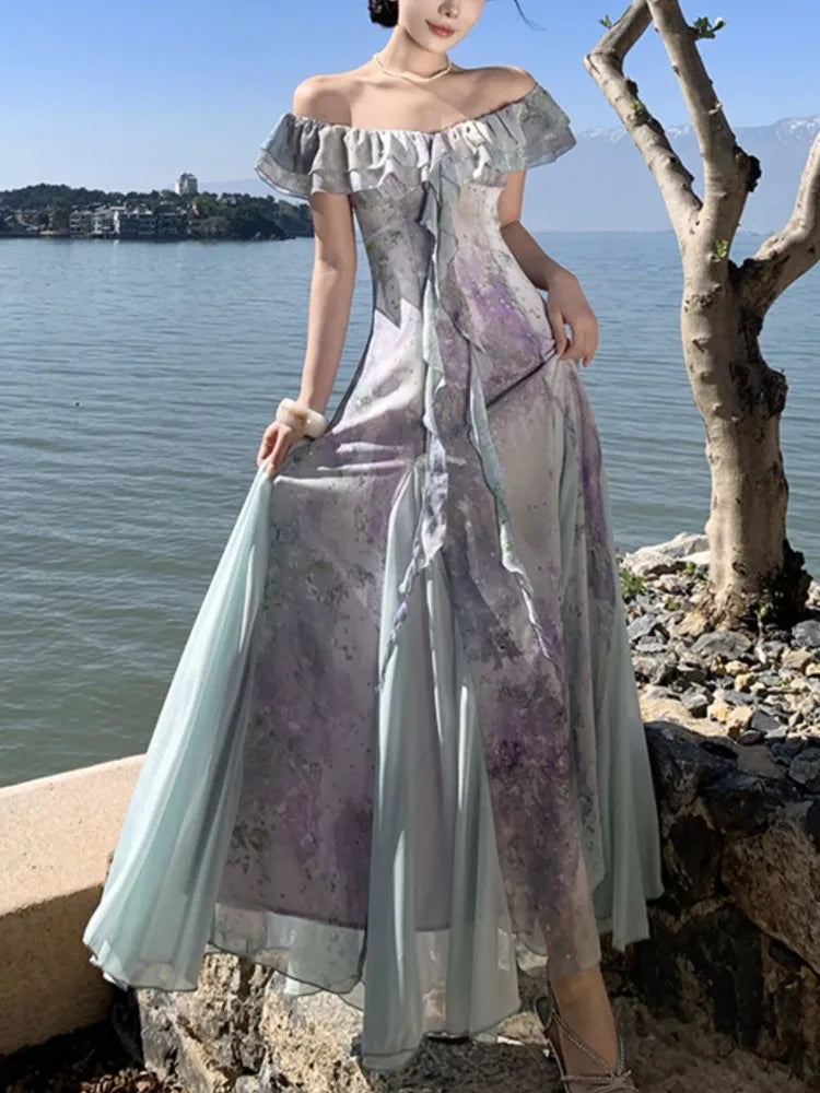 LBSFY -Summer Print Fairy Slash-Neck Ruffles Chiffon Long Dress Elegant French Romantic Princess Slim Waist Sling Dresses 2025 Robe