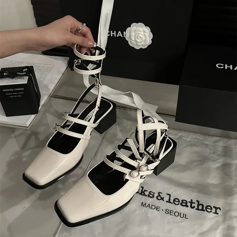 LBSFY  Summer Thick Heel Women Sandals Fashion Square Toe Cross Ankle Strap Shoes Ladies Elegant Party Dress Sandalias
