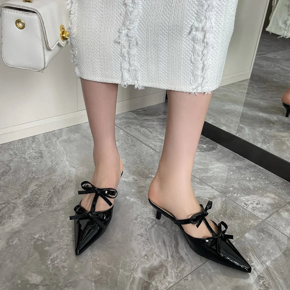 LBSFY  -  Casual Women Slippers Pointed Toe Black White Pink Bow Design Shallow Slip On Mules Shoes Thin Low Heels Summer Outside Pumps