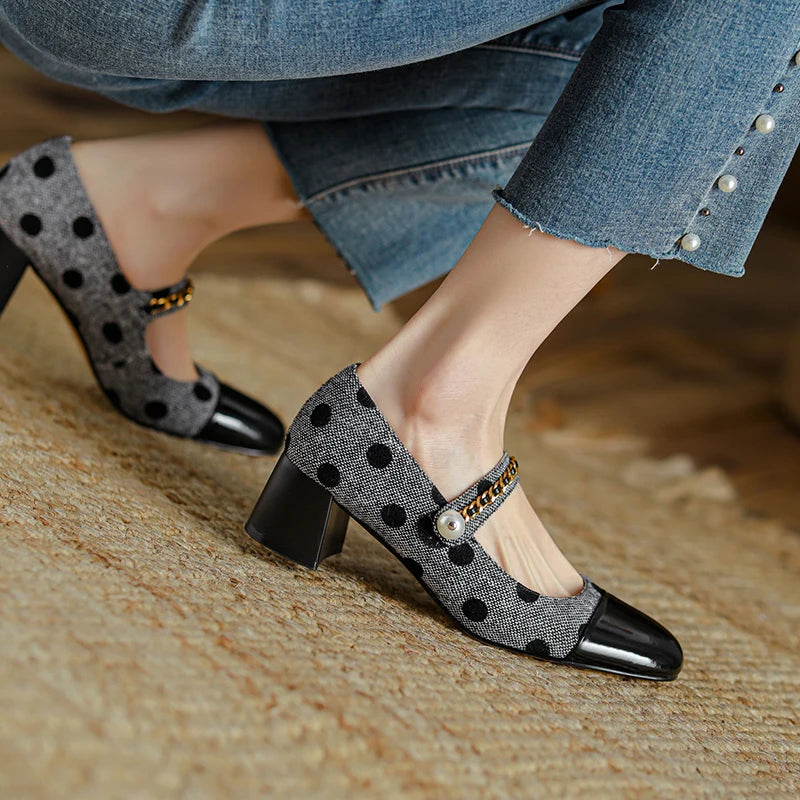 LBSFY  -   New Mary Jane Women Shoes LEISURE Retro Buckle Shallow Pumps Square Toe Thick Heel Shoes Woman Zapatos De Mujer Spot Pearl