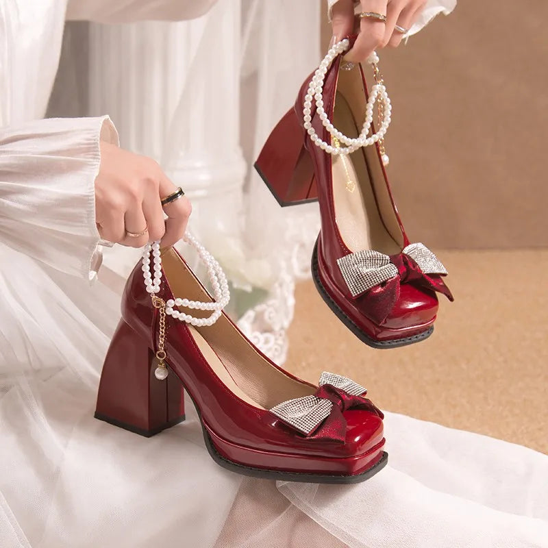 LBSFY  -  Fashion Pearl Strap High Heels Pumps Women Patent Leather Crystal Bowknot Party Shoes Woman Square Toe Thick Heel Mary Janes