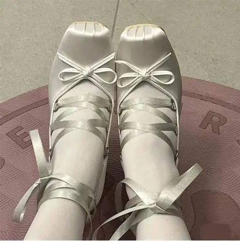 LBSFY  -  New Girls Light Blue Pink Beige Black Silk Cross Tied Bow Tie Front Square Toe Shallow Slip On Lace Up Lolita Pumps Ballet Shoes