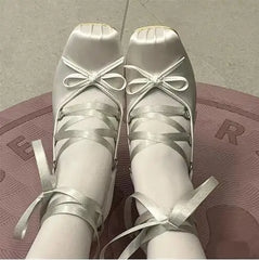 LBSFY  -  New Girls Light Blue Pink Beige Black Silk Cross Tied Bow Tie Front Square Toe Shallow Slip On Lace Up Lolita Pumps Ballet Shoes