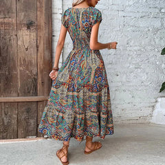 LBSFY  -  Women Vintage Print Long Dress  Summer Sexy V Neck Short Sleeve A-line Dress Female Elegant Elastic Waist Maxi Dresess Robe