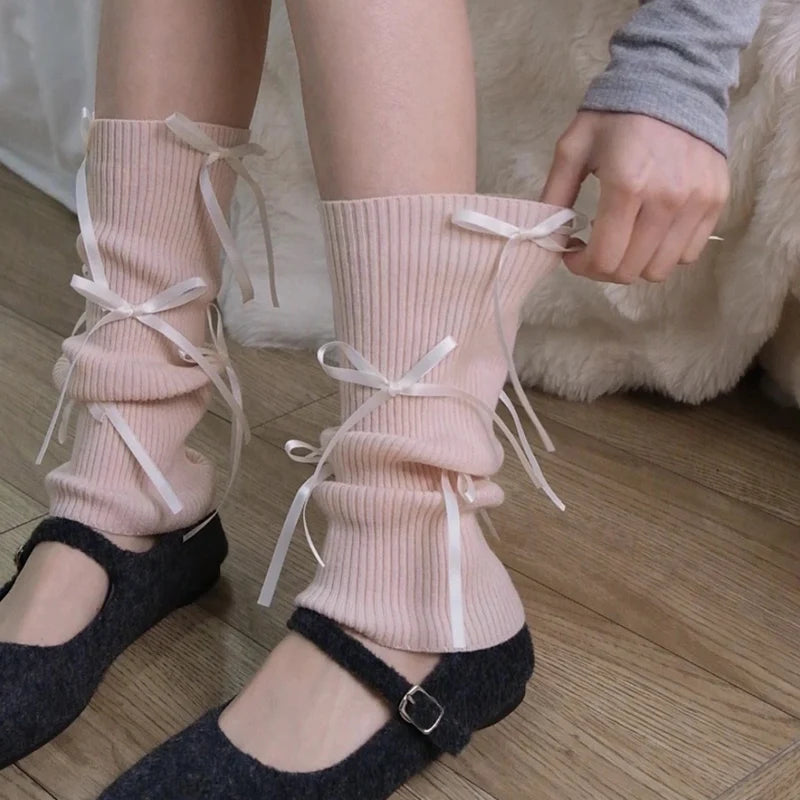 Lbsfy New Sweet Women Bow Tie Knitted Leg Covers Y2K Ballet Pink Leg Warmers Long Calf Japanese Leg Covers JK Clothing Accessories