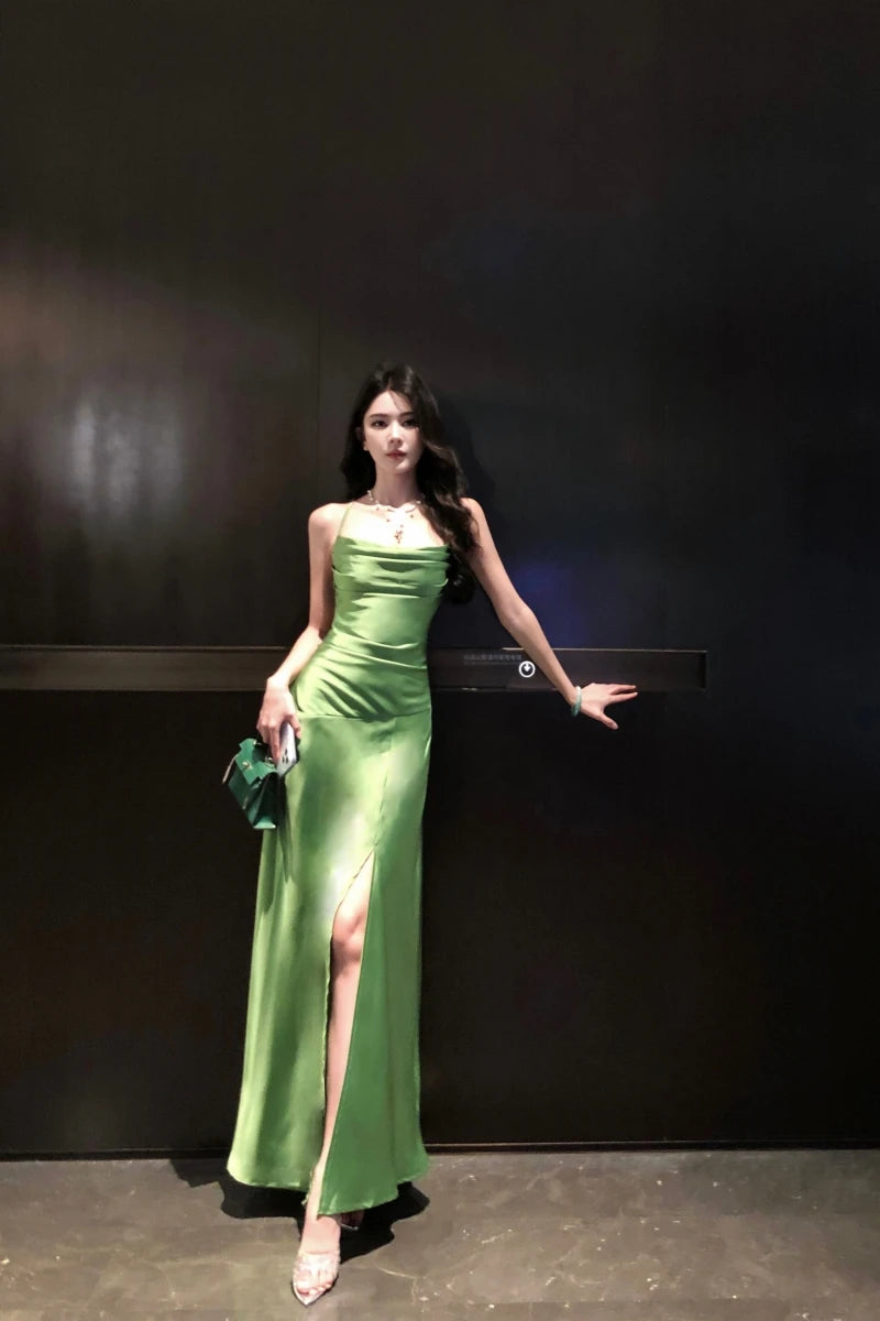 LBSFY -French Elegant Satin Women's Dresses Summer Swing-Collar Side Slit Slim Sexy Green Sling A-line Dress Party Evening Chic 2025
