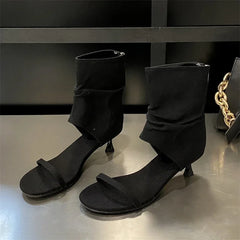 LBSFY -New Open Toe Clip-On Denim Women's Boots Sandal Pleated Low Thin Heels Concise Booties Shoes