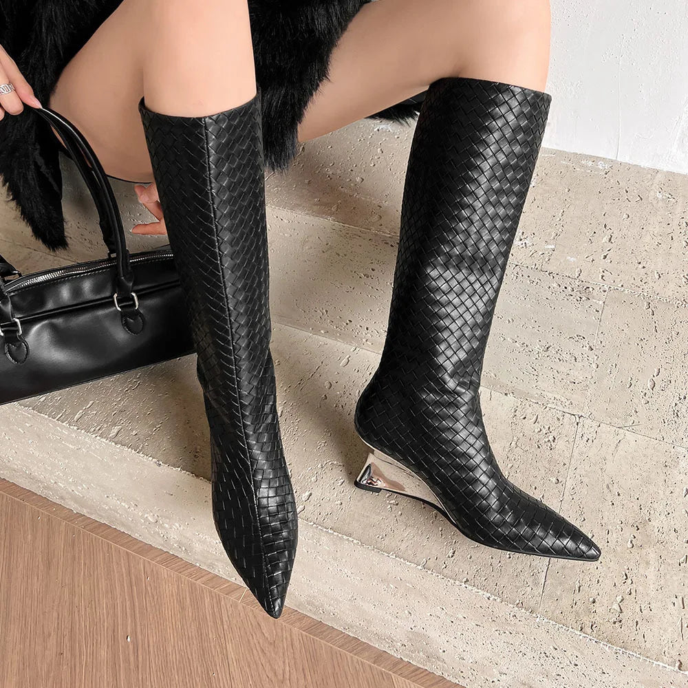 LBSFY  -  Metal Cowhide Woven Wedge Heel Knee High Boots with Pointed Splicing Sleeves, High Heels, Elegant Fashion Boots