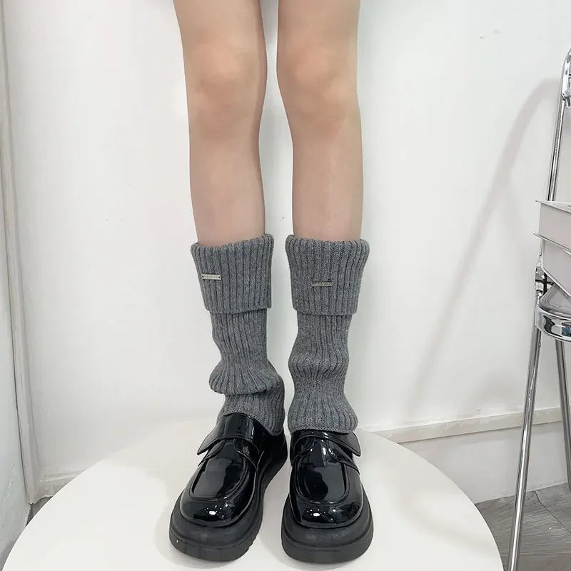 Lbsfy Metal Label Leg Warmers Knitted Women Calf Socks Solid Color Vintage Winter Y2K Japanese Harajuku Pile Long Socks Leg Covers