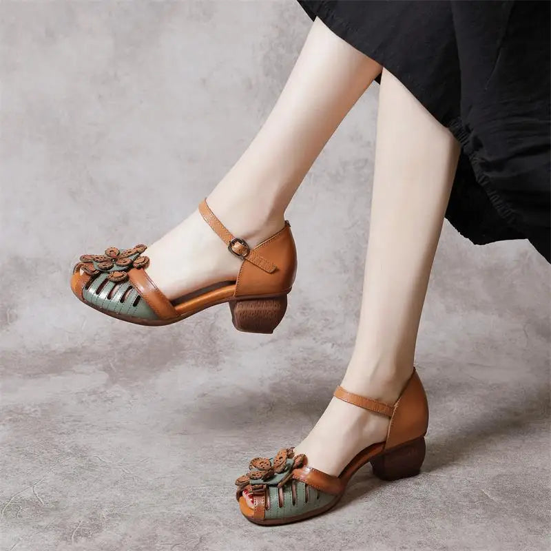 LBSFY  -   Women Mother Ladies Female Genuine Leather Sandals Shoes Platform Summer Cool Beach Retro Flowers High Heel Buckle Strap