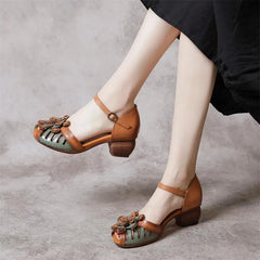 LBSFY  -   Women Mother Ladies Female Genuine Leather Sandals Shoes Platform Summer Cool Beach Retro Flowers High Heel Buckle Strap