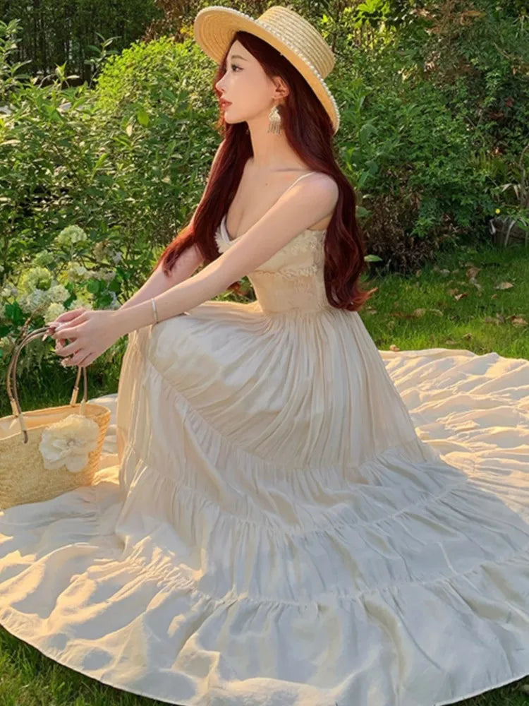 LBSFY -Elegant Fairy Chic Pleated Dresses Korean Patchwork Slim Waist A Line Sling Dress Women Princess Evening Vestidos Female Robe