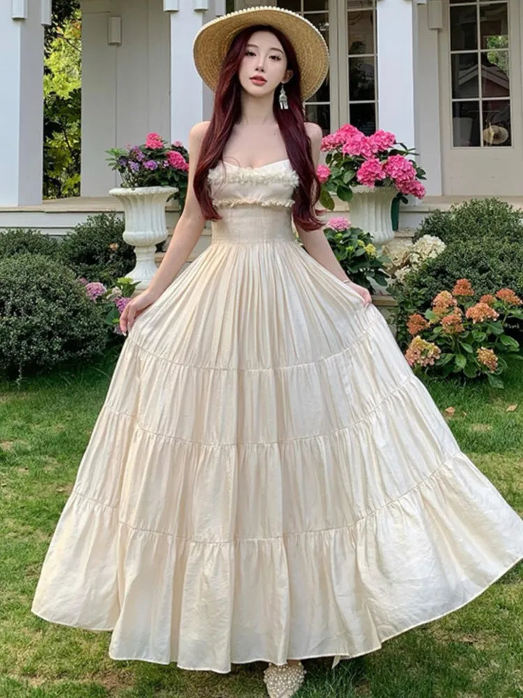 LBSFY -Elegant Fairy Chic Pleated Dresses Korean Patchwork Slim Waist A Line Sling Dress Women Princess Evening Vestidos Female Robe
