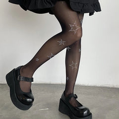 Lbsfy Fashion Star Rhinestone Fishnet Tights Women Sexy Sheer Pantyhose Thigh High Stockings Office Ladies See-through Leggings