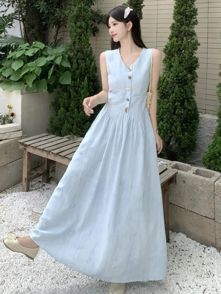 LBSFY -Women's French Fashion Elegant Long Dresses Summer Vintage V-Neck Single Breasted Slim Waist Dress 2025 New Basics Vestidos