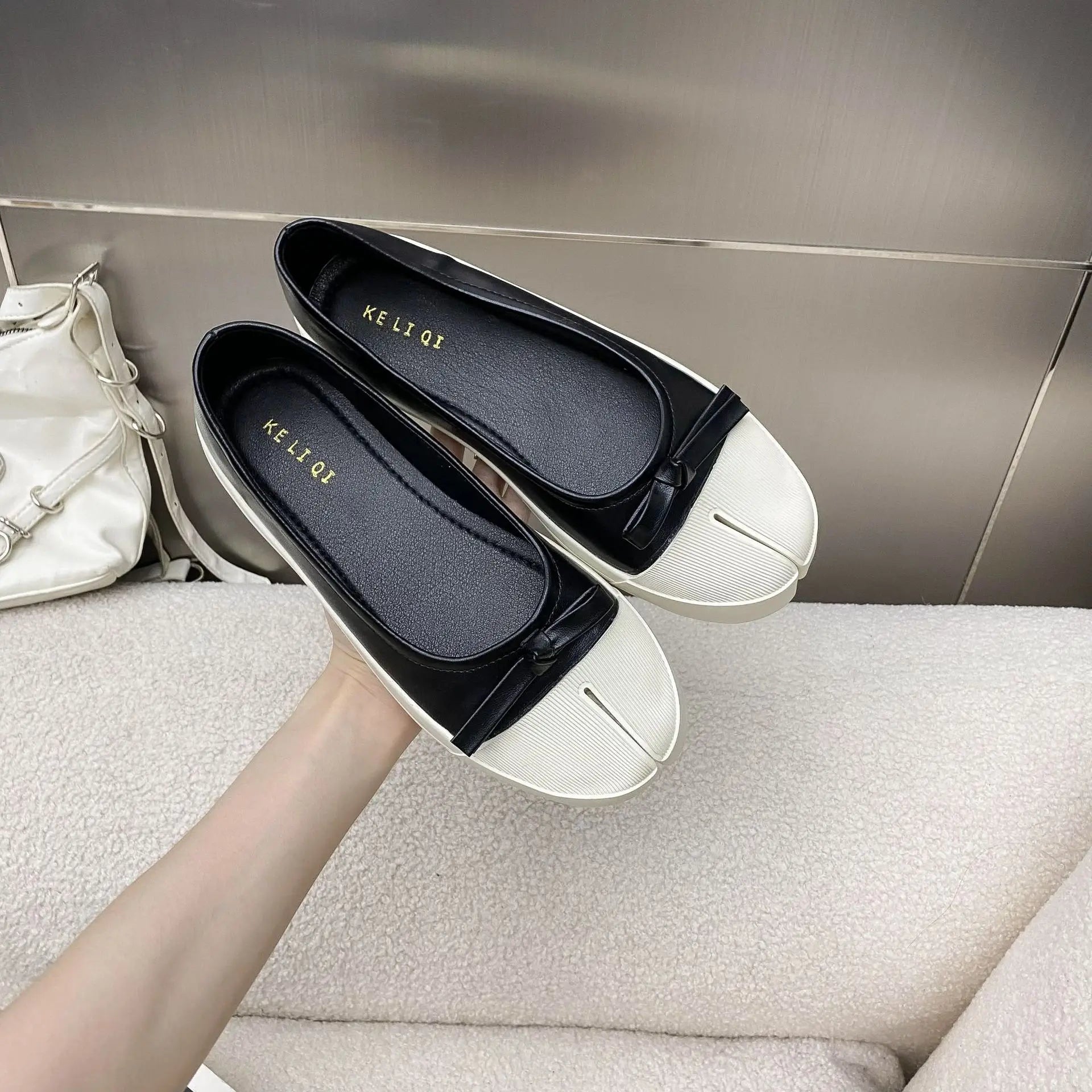 LBSFY  -   Split Toe Shoes Women Black Leather Flats Ballet 2024 New Fashion Bow Red Mary Janes