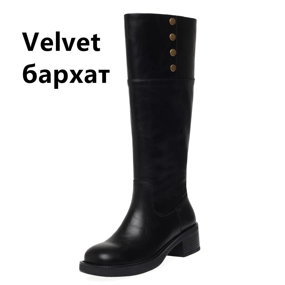 LBSFY  -  Vintage Women Knee-High Boots Genuine Leather Thick Heels Shoes Woman Basic Office Lady Autumn Winter High Boots Retro