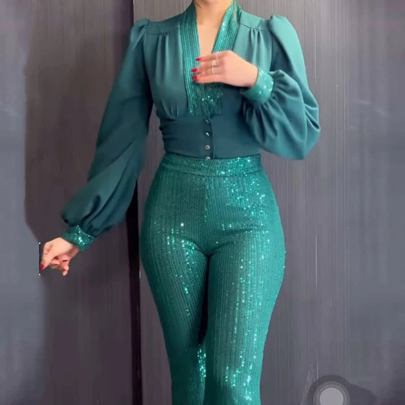 LBSFY  -  Casual Winter Women Two Piece Long Sleeve Sequins Trouser Commuter Set Ladies Stitching Sequins Blouse Top&High Waist Pants Suit