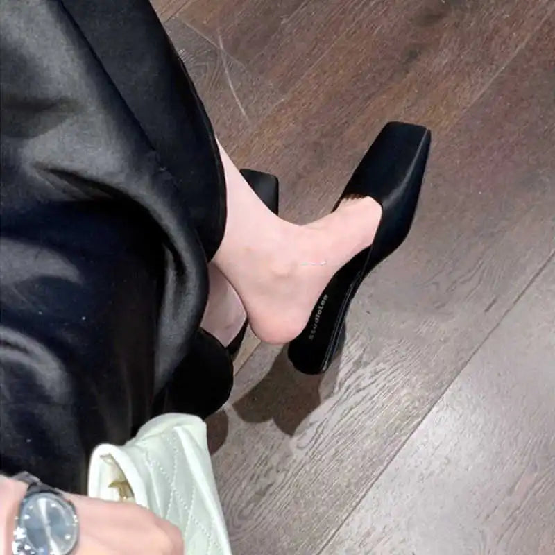 LBSFY  -  Luxury Satin Design Mules Shoes for Women Summer Sexy Square Head Strange Low Heel Slide Sandals Elegant Comfort Dress Slippers