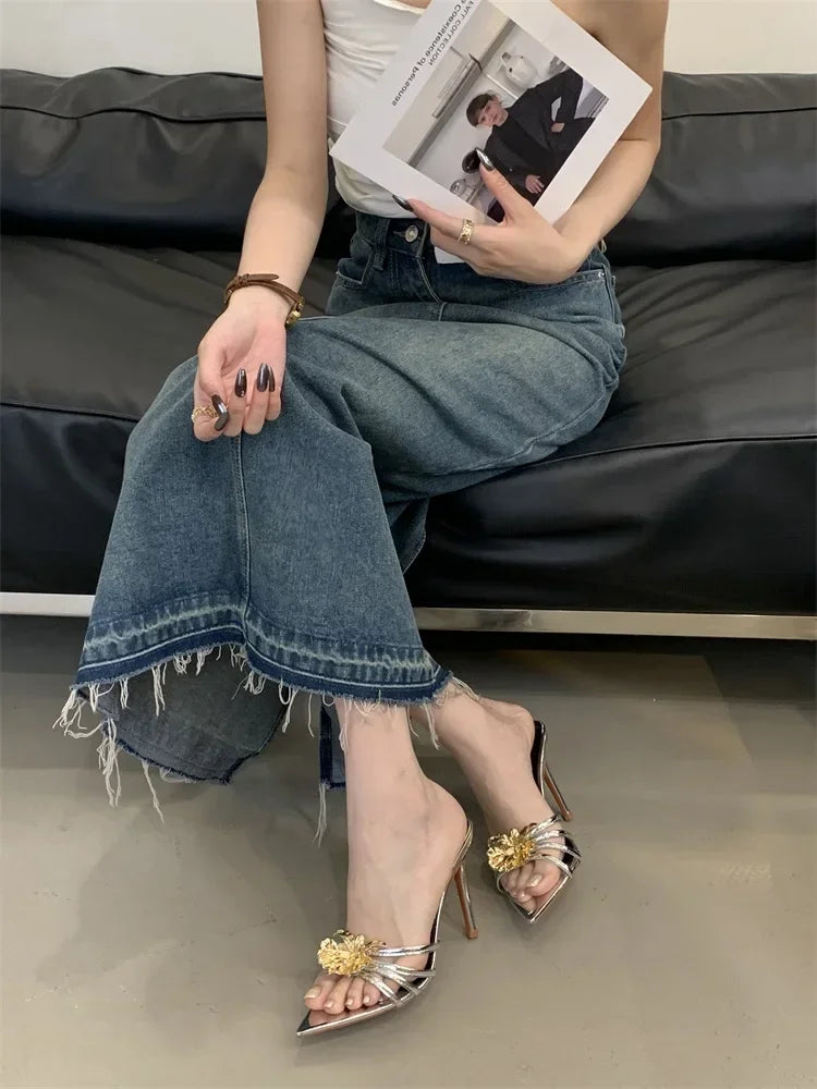 LBSFY -Summer Design Metal Flower Narrow Band Pointed Toe Women Slippers Thin Heels Party Prom Slide Shoes Zapatillas De Mujer