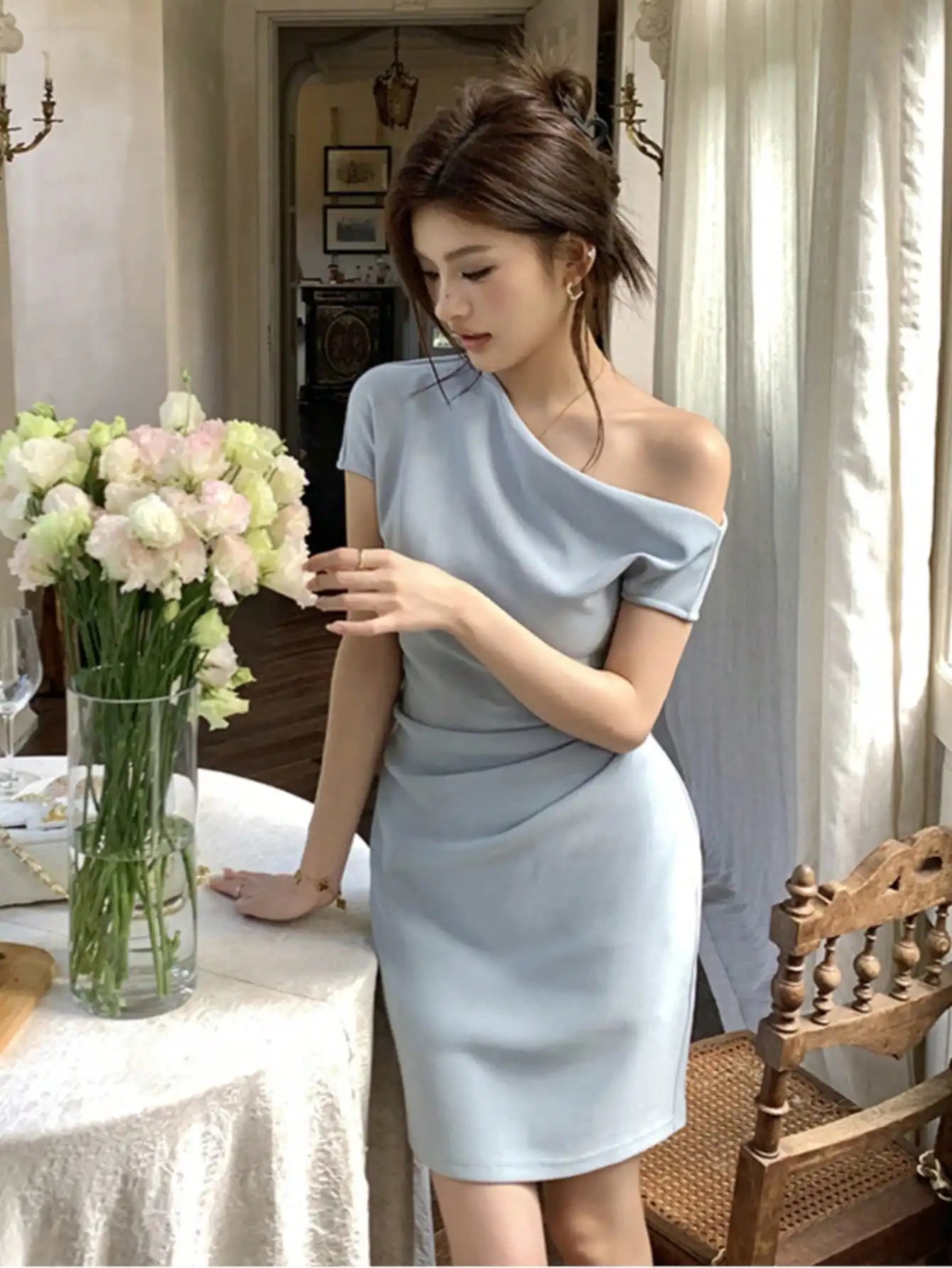 LBSFY -Sexy Korean Fashion Elegant Inclined-Shoulder Blue Short Dresses Backless Slim Pleated Party Dress Spring Summer New Vestidos