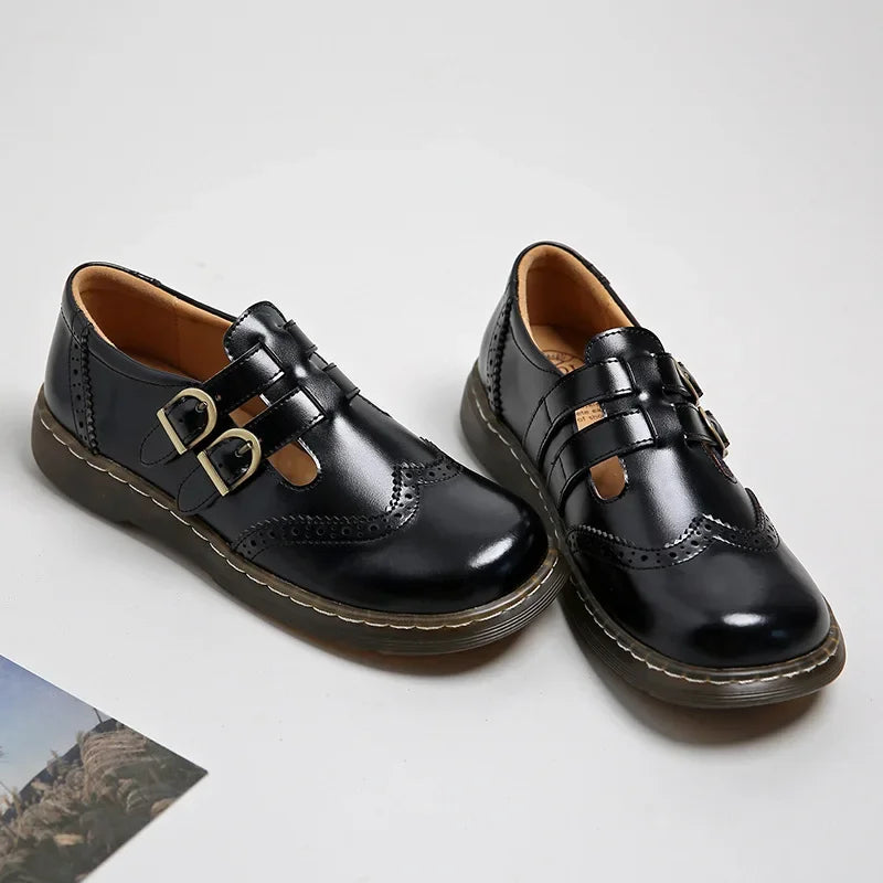 LBSFY  -  Mary Jane Shoes Summer Thin Section Japanese Double Buckle   New Low-cut Flat Round Toe Small Leather Shoes Women
