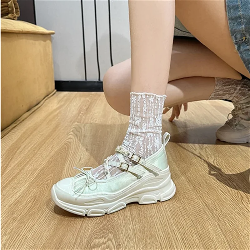Lbsfy String Bead Butterfly-Knot Breathable Women Sneakers Lace-Up Thick Bottom Hand-made Ladies Shoes Casual Fashion Tenis De Mujer