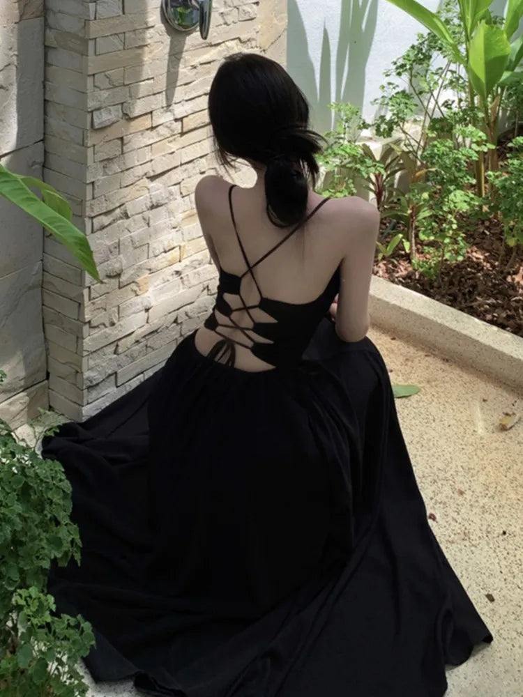 LBSFY -Women's Sexy Backless Elegant Dresses V-Neck Sleeveless Slim Waist Lace Up Strap Long Dress Summer Prom Female Clothes Outfits
