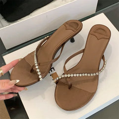 LBSFY -Summer Fashion Crystal Clip Toe Slippers Women Elegant Low Thin Heels Sandals Flip Flops Slide Shoes Zapatos De Mujer