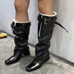 LBSFY  -   Fashion Autumn Winter Leather Warm Fur Belt Buckle Women Mid-calf Boots Vintage Sewing High heels Western Cowboy Knight Boots