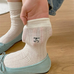 Lbsfy Women's Socks Mid-tube Spring Summer White Thin JK Solid Colors Harajuku Fashion Kawaii Girls Ballet Hollowed-out Bow Socks