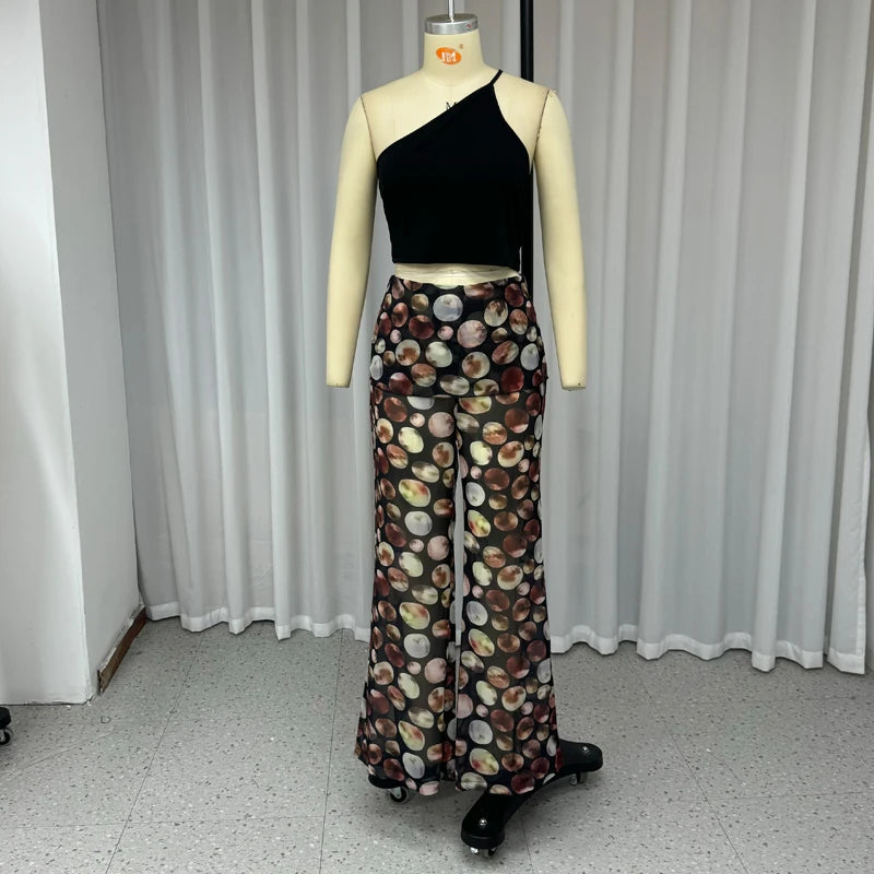 LBSFY  -  Two Piece Suit 2024 Summer Women Casual Sleeveless Solid Solid Skew Collar Top Printed Wide Leg Pants Sets Streetwear