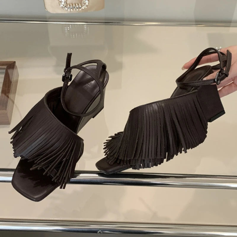 Lbsfy Tassels Designer Wedge Sandals Women Open Toe Summer New 2025 Ankle Strap High Heels Female Fashion Dress Shoes Women Pumps
