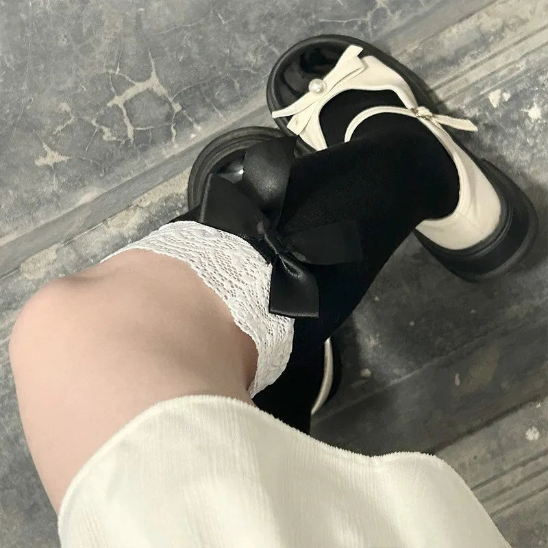 Lbsfy Women's Socks Spring Summer Lace Socks Long Middle Tube Sweet style Girly Slimming Thin Bow White Cute Calf Lolita Fashion Socks