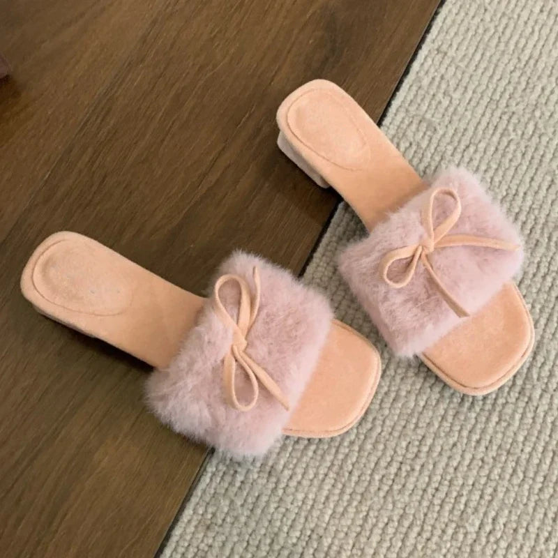 LBSFY  -  New Winter Fluffy Slippers Women Bow Square Toe Warm Slides Women Outdoors Peep Toe Sweet Elegant Chunky Fur Slippers Female