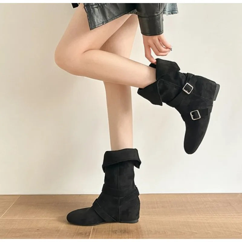 LBSFY -New Women's Vintage Suede Women Trouser Legs Boots Fashion Belt Buckle Slip on Shoes Autumn Winter Wedges Heel Ladies Long Boots