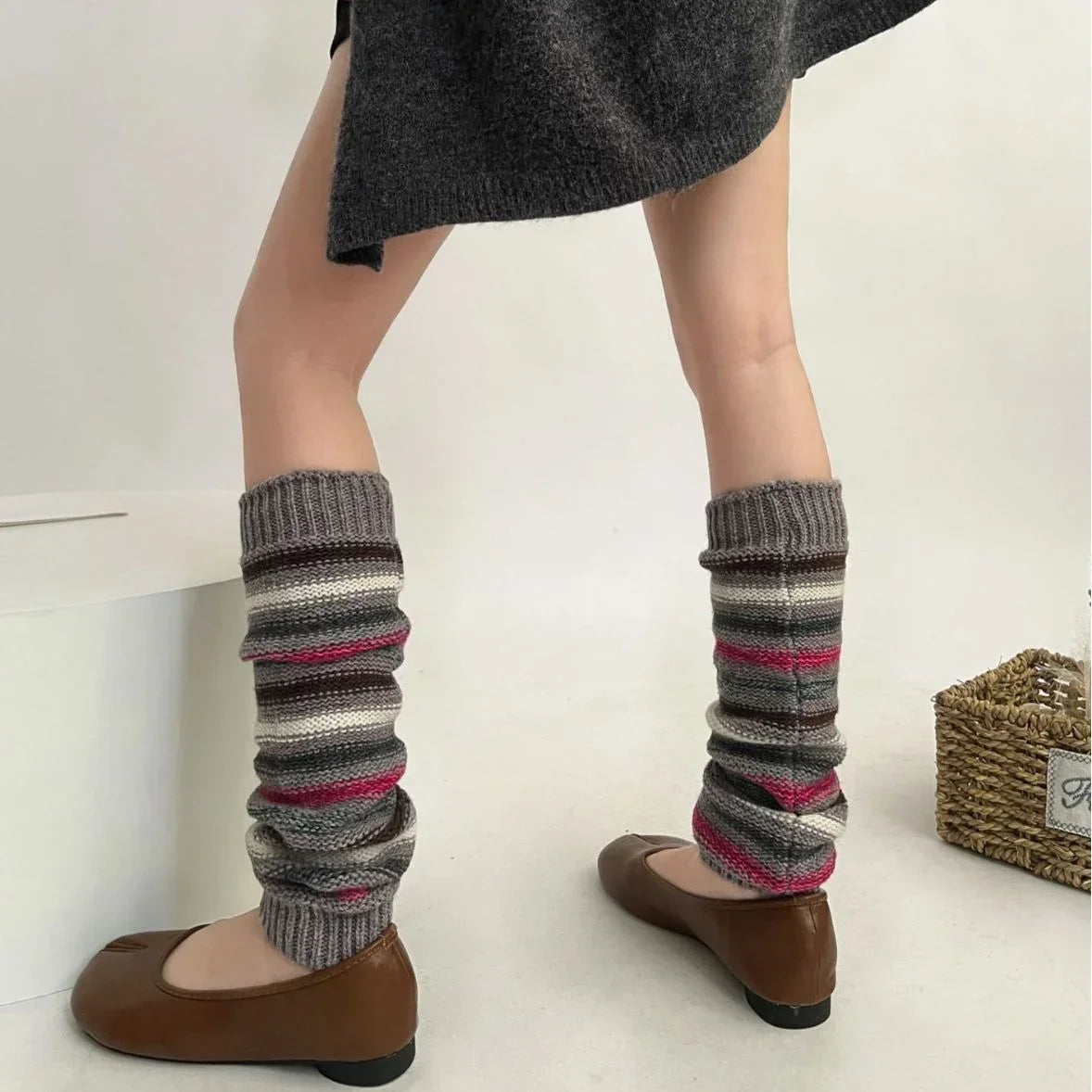 Lbsfy Women Autumn Winter Leg Warmers Warm Knitted Foot Cover Knee Socks JK Girl Lolita Striped Long Socks Stockings Women Leg Warmers