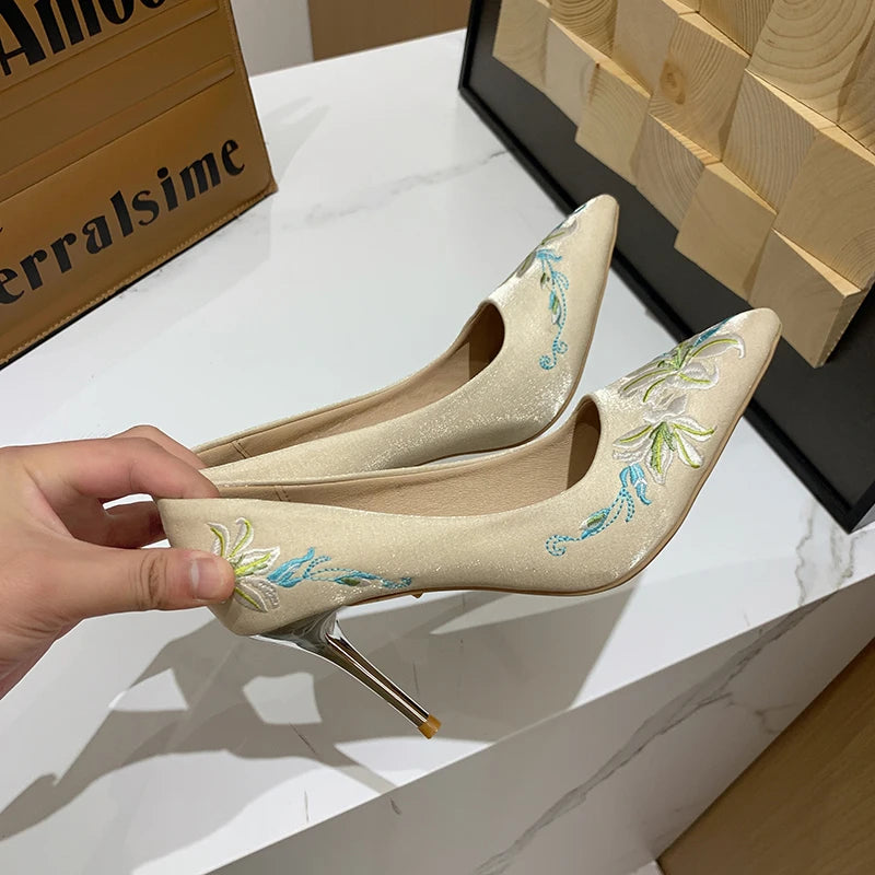LBSFY  -  Slip-On Embroidery Thin Heel Pumps Women 2025 New Fashion Floral High Heels Shoes Woman Pointed Toe Embroider Party Shoes Ladies