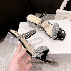 LBSFY -Shiny Gold Silver Women's Sandals Summer Crystal High Heels Party Shoes Woman Comfortable Thick Heel Slides Sandalias Mujer
