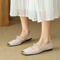 LBSFY -Elegant Tweed Cloth Ballet Shoes Ladies Square Metalic Toe Flats Pearl Beading Loafers Plaid Designer Office Dress Shoes Woman