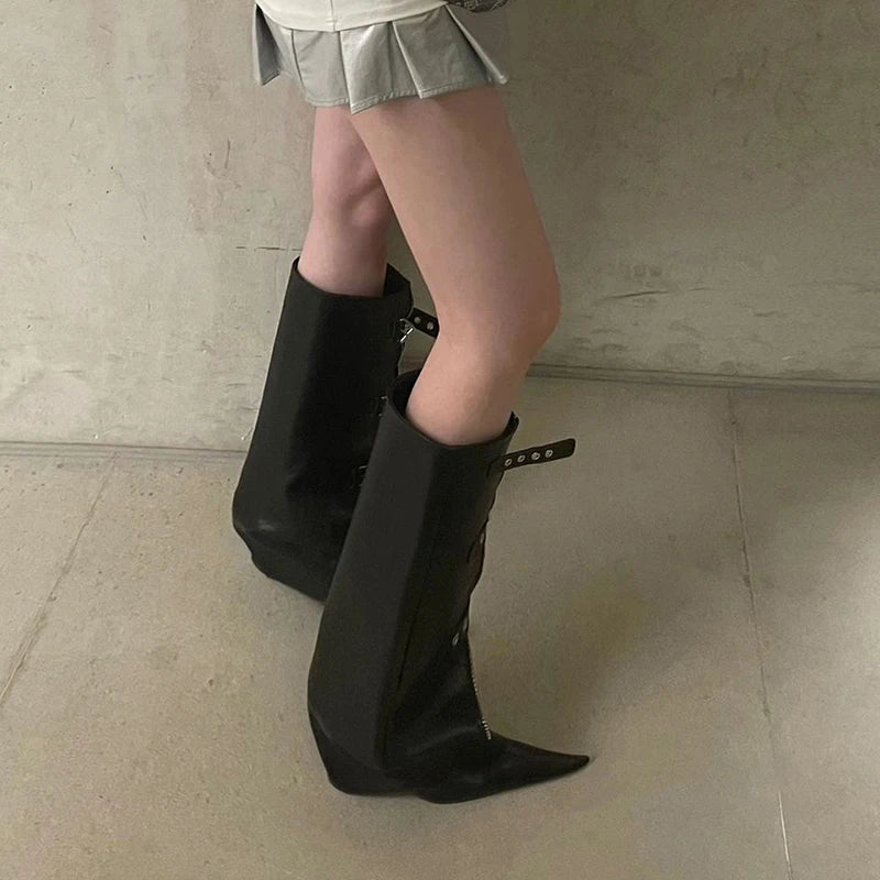 LBSFY  -  Black Belt Buckle Pointed Toe Cowboy Boots Designer Zipper Slip on High Heel Motorcycle Botas Winter Knee High Shoes for Women